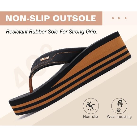 🆕  Black Khaki Platform Flip Flops Vegan Leather Summer Sandals Arch Support - Picture 6 of 7